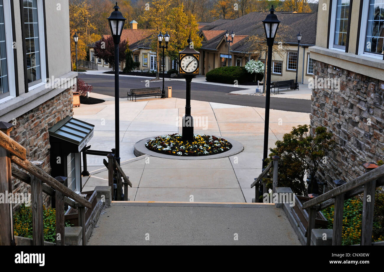 Stairs to shopping square with big clock, Peddler's Village
