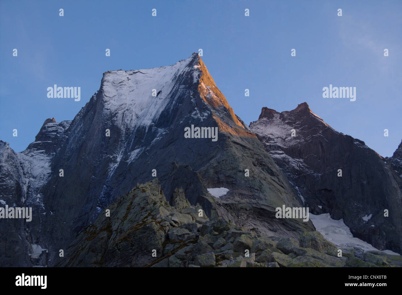 north wall of Piz Badile in morning light, Switzerland, Graubuenden ...