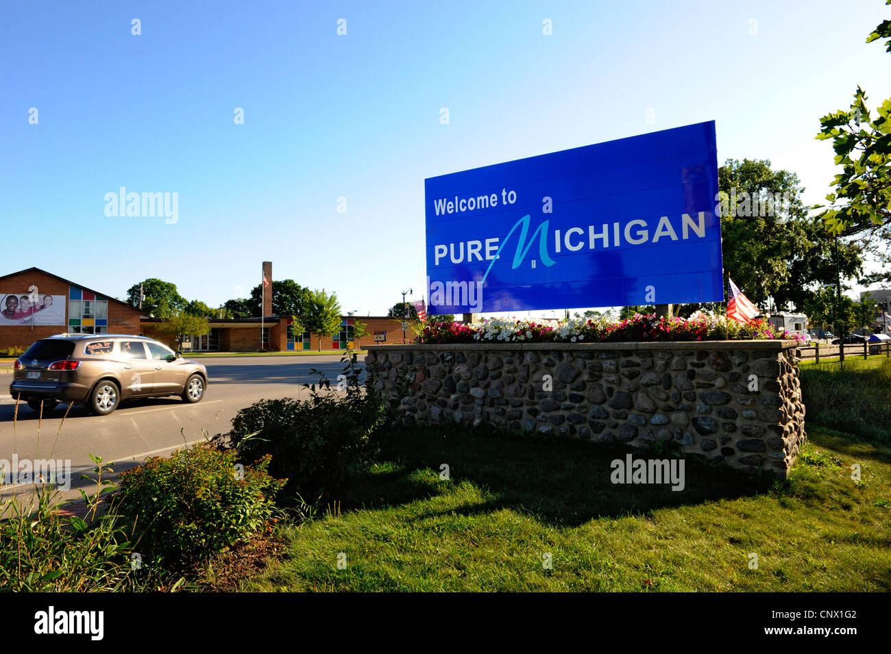 Welcome to Pure Michigan sign at the border between Michigan and ...