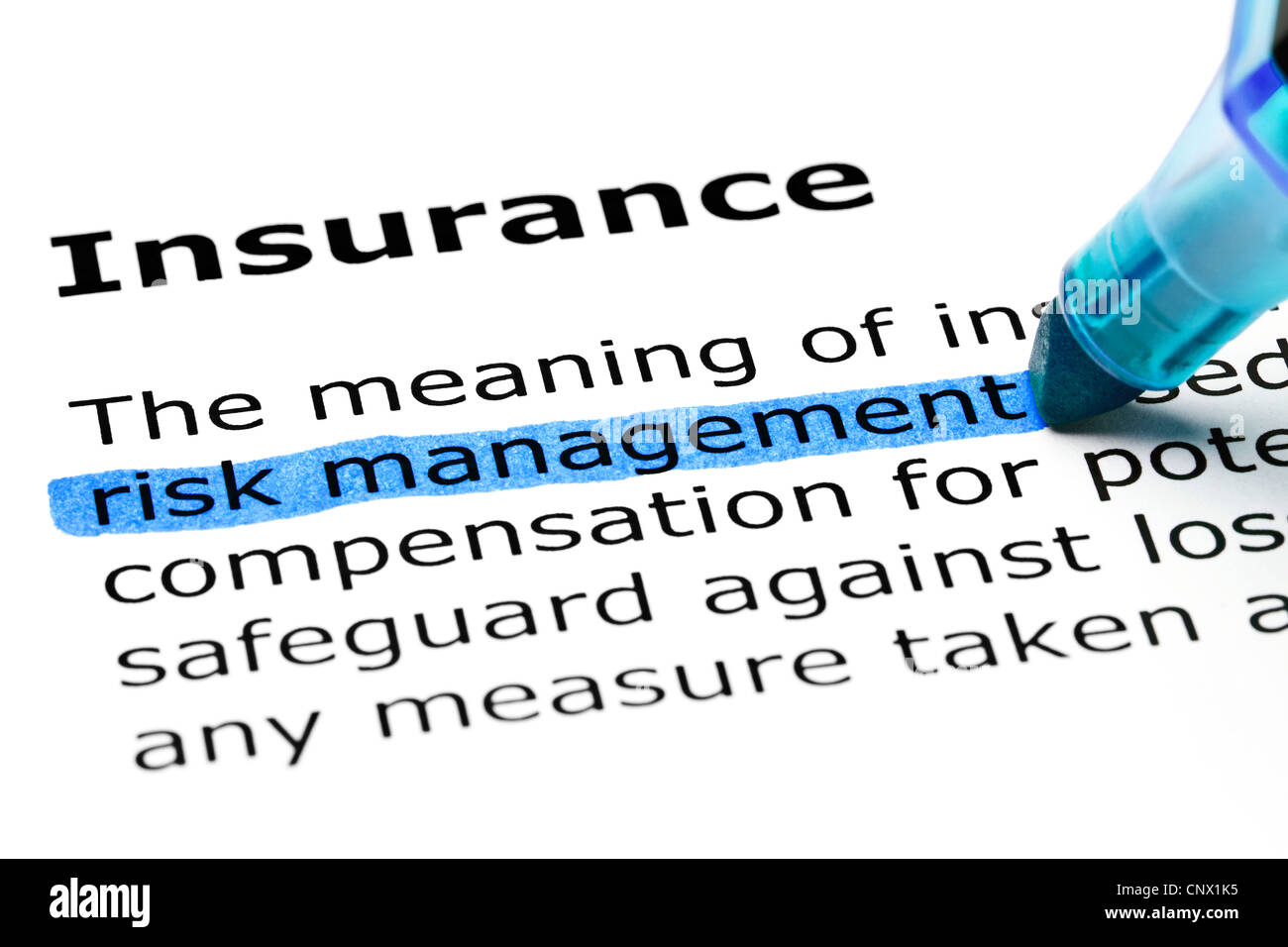 Risk management highlighted in blue, under the heading Insurance Stock Photo