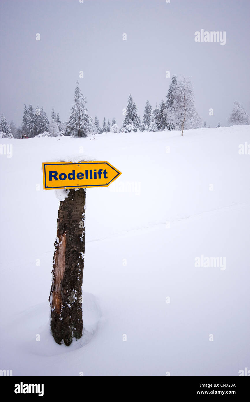 direction sign Rodellift, toboggan lift, Germany, North Rhine-Westphalia, Sauerland Stock Photo