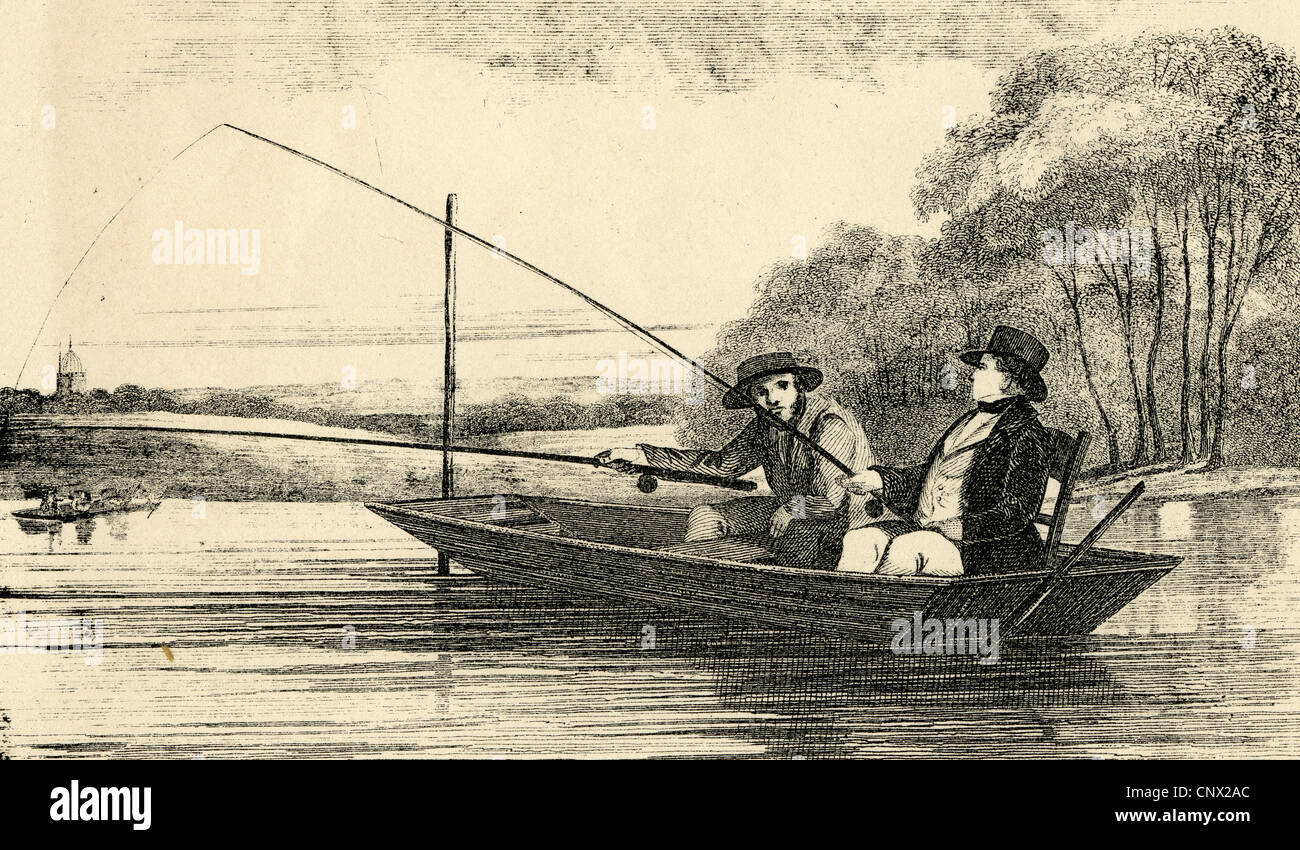 Circa 1870 engraving, Punt Fishing. Stock Photo