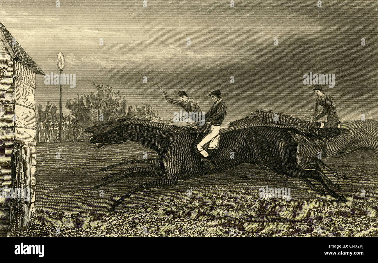 Circa 1870 engraving, The Winning Post. Stock Photo