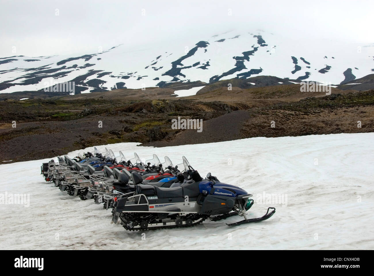 greater number of snow mobiles parked side by side near the glacier 'Snaefellsjoekull', Iceland, Snaefellsness Stock Photo