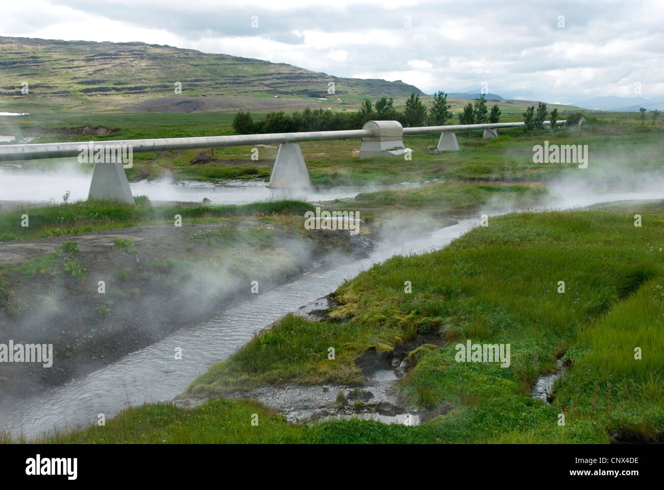 district heating pipeline at the 'Deildartunguhver', a combination of hot springs, Iceland, Reykholt Stock Photo