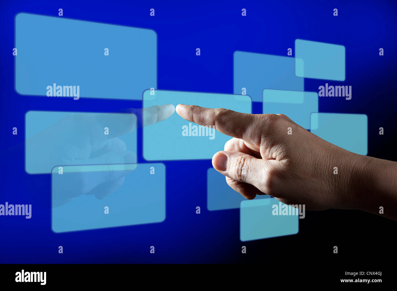 Finger Touching Blue Digital Touch Screen Stock Photo Alamy