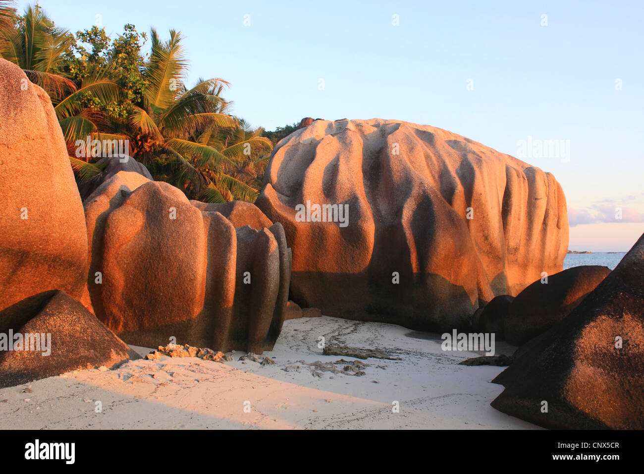 granite formation on the beach Anse Grande Source, Seychelles, La Digue Stock Photo