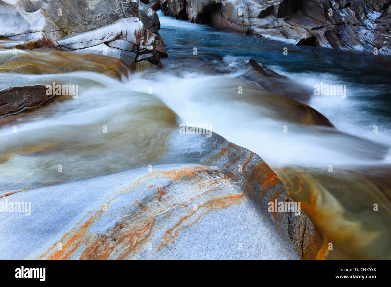 river Verzasca running over boulders through the Valle Verzasca, Switzerland, Ticino, Verzascatal Stock Photo