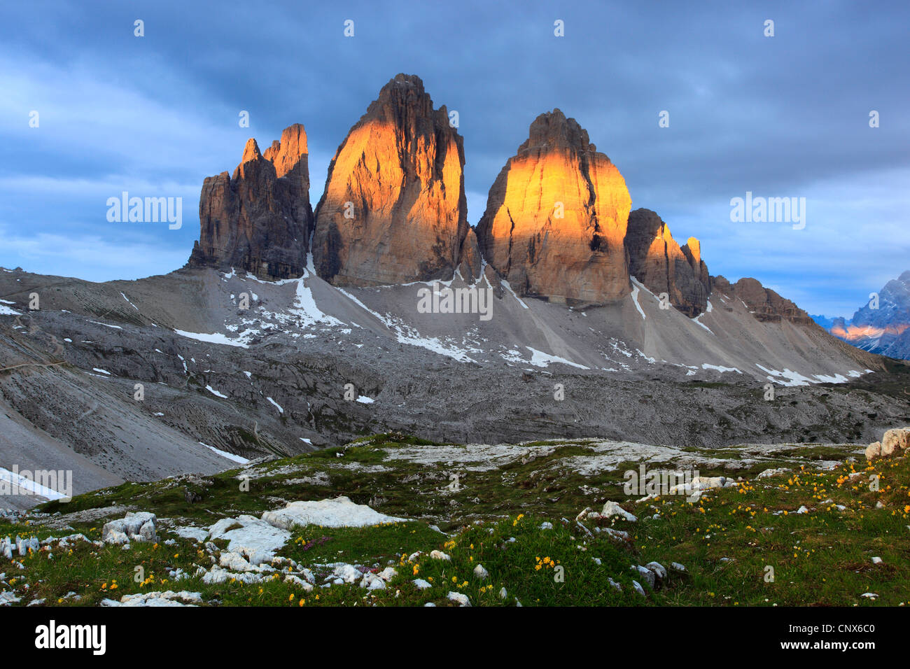 impressive mountain formation 'The Tre Cime di Lavaredo' ('Three Peaks' / 'Big Peak' 2999 m) in the morning light, Italy, South Tyrol, Dolomites Stock Photo