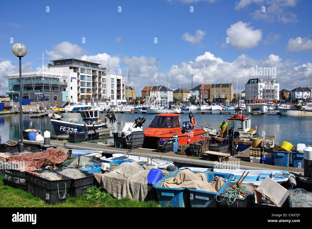 Fishing boats in Sovereign Harbour, Eastbourne, East Sussex, England