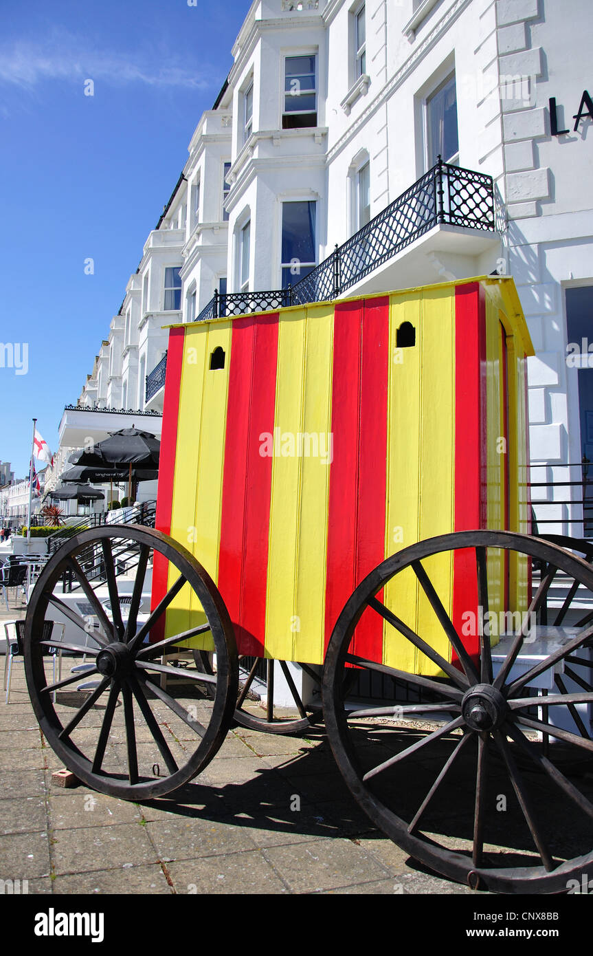 Victorian bathing machine outside Langham Hotel, Royal Parade, Eastbourne, East Sussex, England, United Kingdom Stock Photo