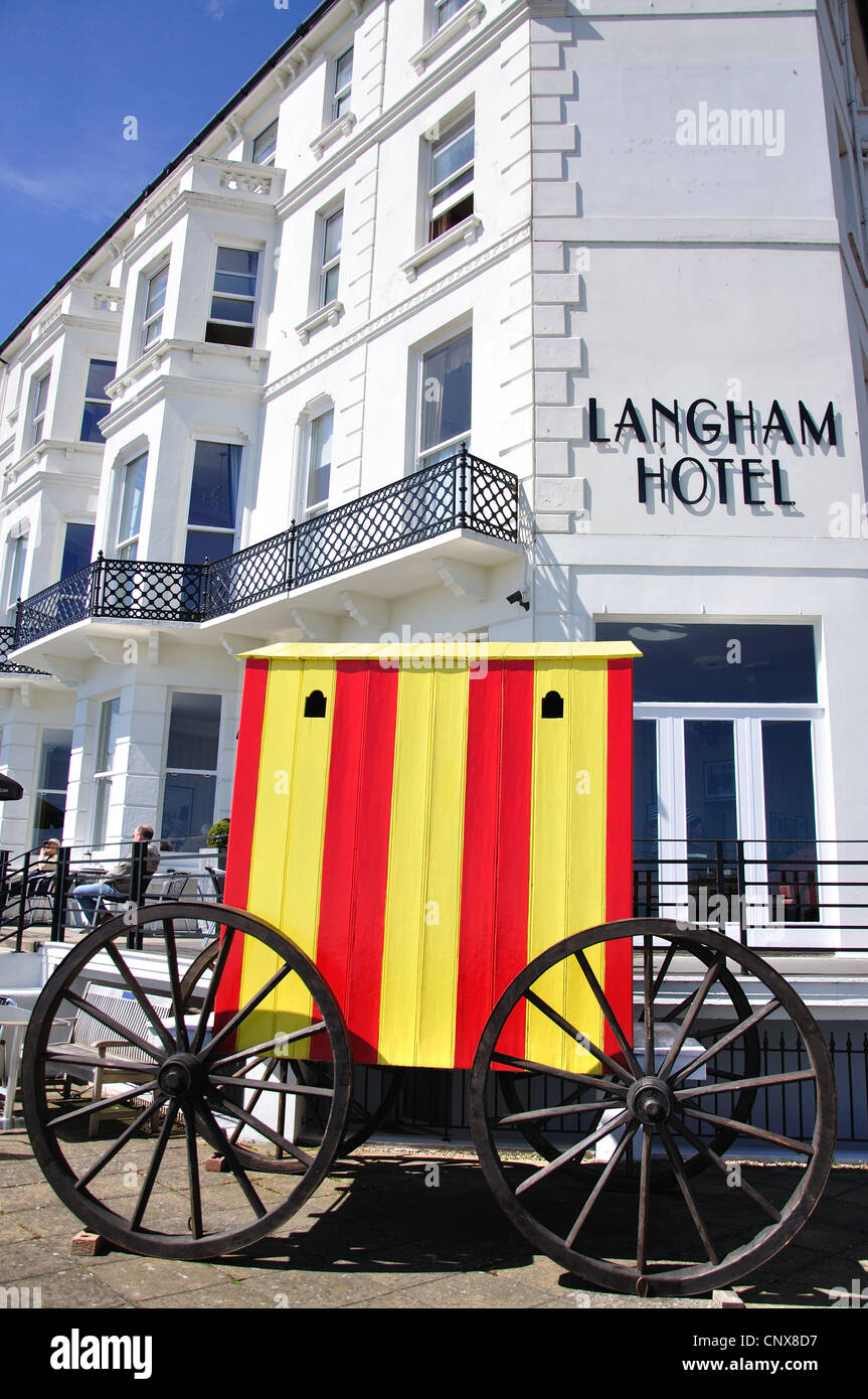 Victorian bathing machine outside Langham Hotel, Royal Parade, Eastbourne, East Sussex, England, United Kingdom Stock Photo