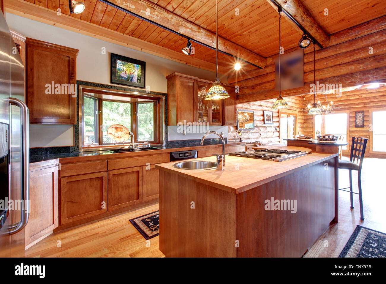 Log Cabin Large Kitchen Interior With Island CNX92B 
