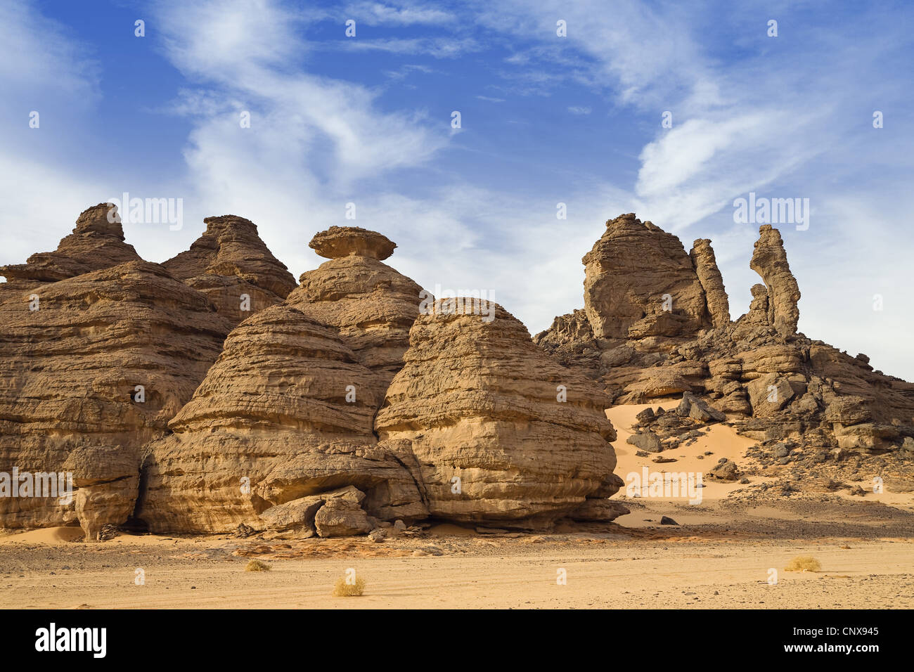 rock formations in the Wadi Awis at the Acacus Mountains, Libya, Sahara Stock Photo