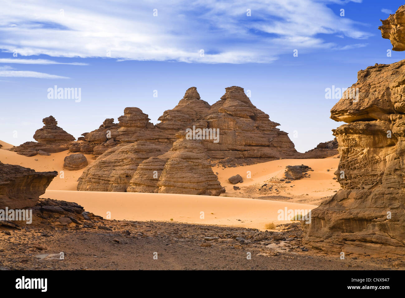 rock formations in the Wadi Awis at the Acacus Mountains, Libya, Sahara Stock Photo