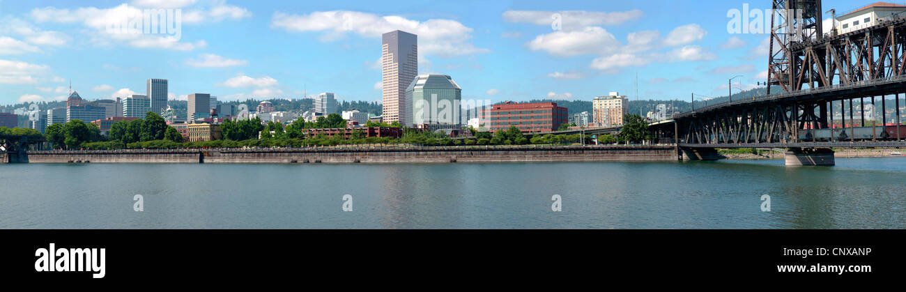 Portland Oregon panorama and the steel bridge. Stock Photo