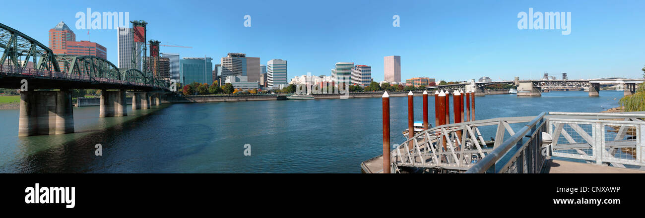 A panorama of Portland Oregon skyline & two bridges. Stock Photo