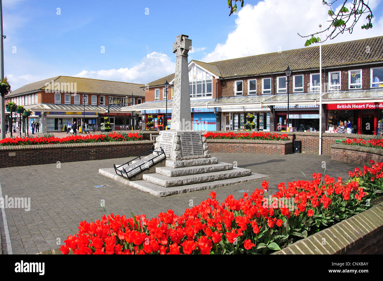 War memorial and Vicarage Field shopping centre, High Street, Hailsham, East Sussex, England, United Kingdom Stock Photo