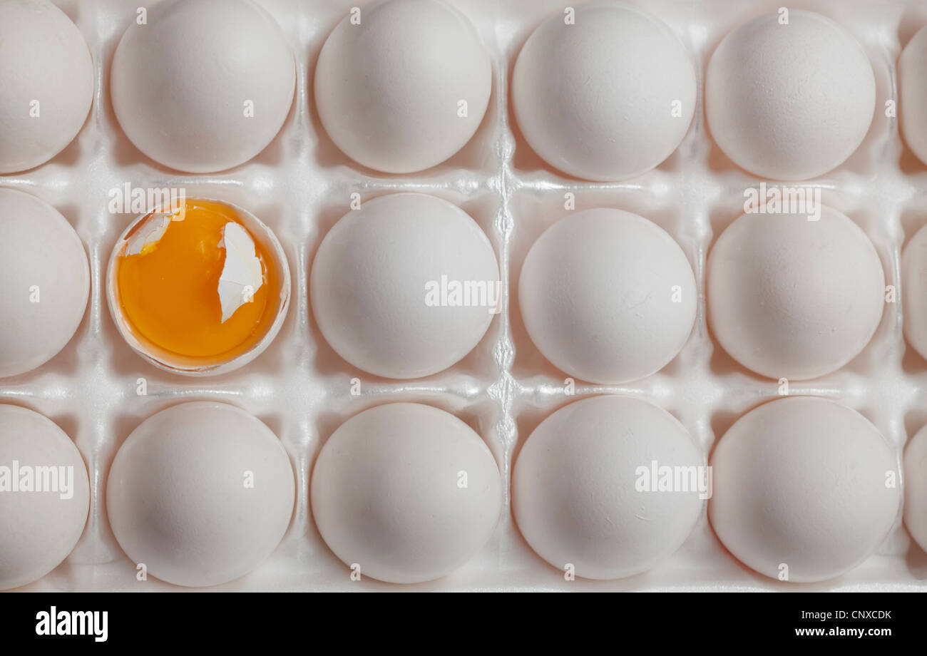 A broken egg and its egg yolk amongst eggs in a carton Stock Photo Alamy