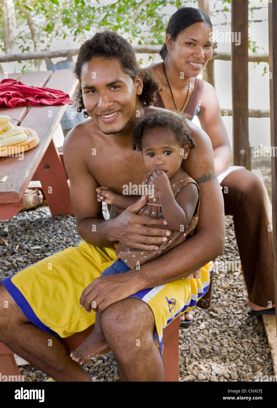 Kalinago Amerindian family at Kalinago Barana Aute tourist village in Dominica West Indies Stock Photo