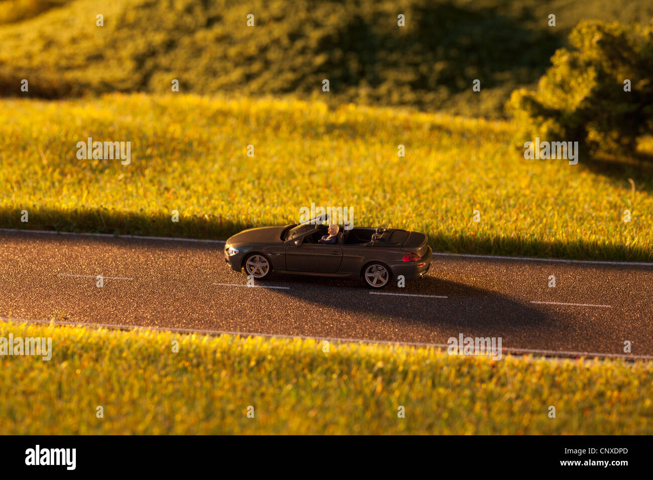 A diorama of a miniature man driving a toy convertible sports car on a rural road Stock Photo