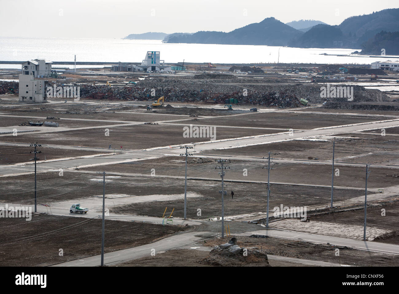 The aftermath of the March 11th 2011 tsunami in Rikuzentakata, Tohoku, Japan. Stock Photo