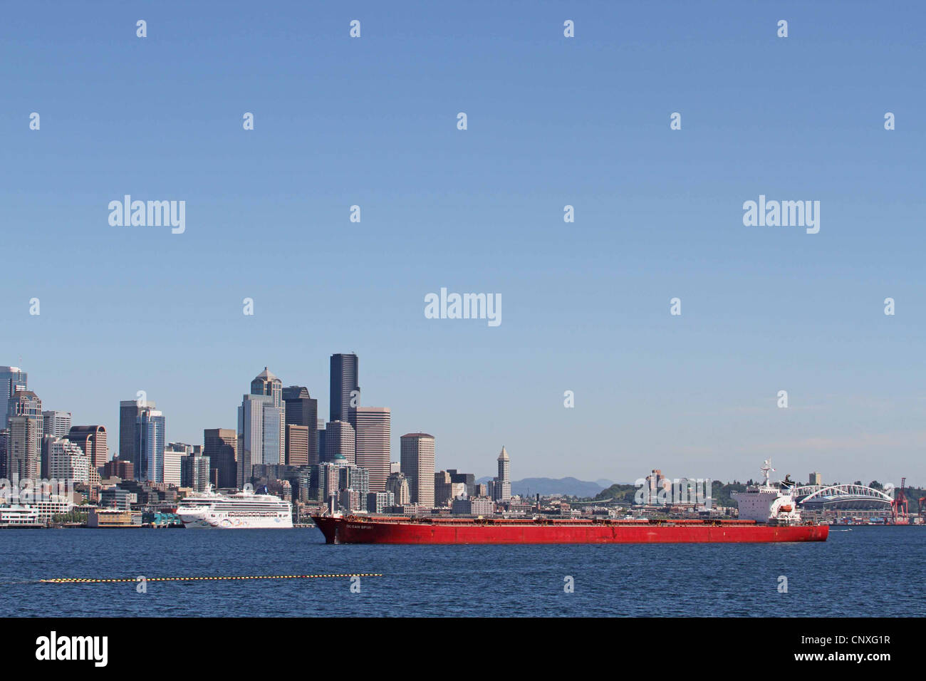 Red Tanker in the harbour, or harbor at Seattle Stock Photo