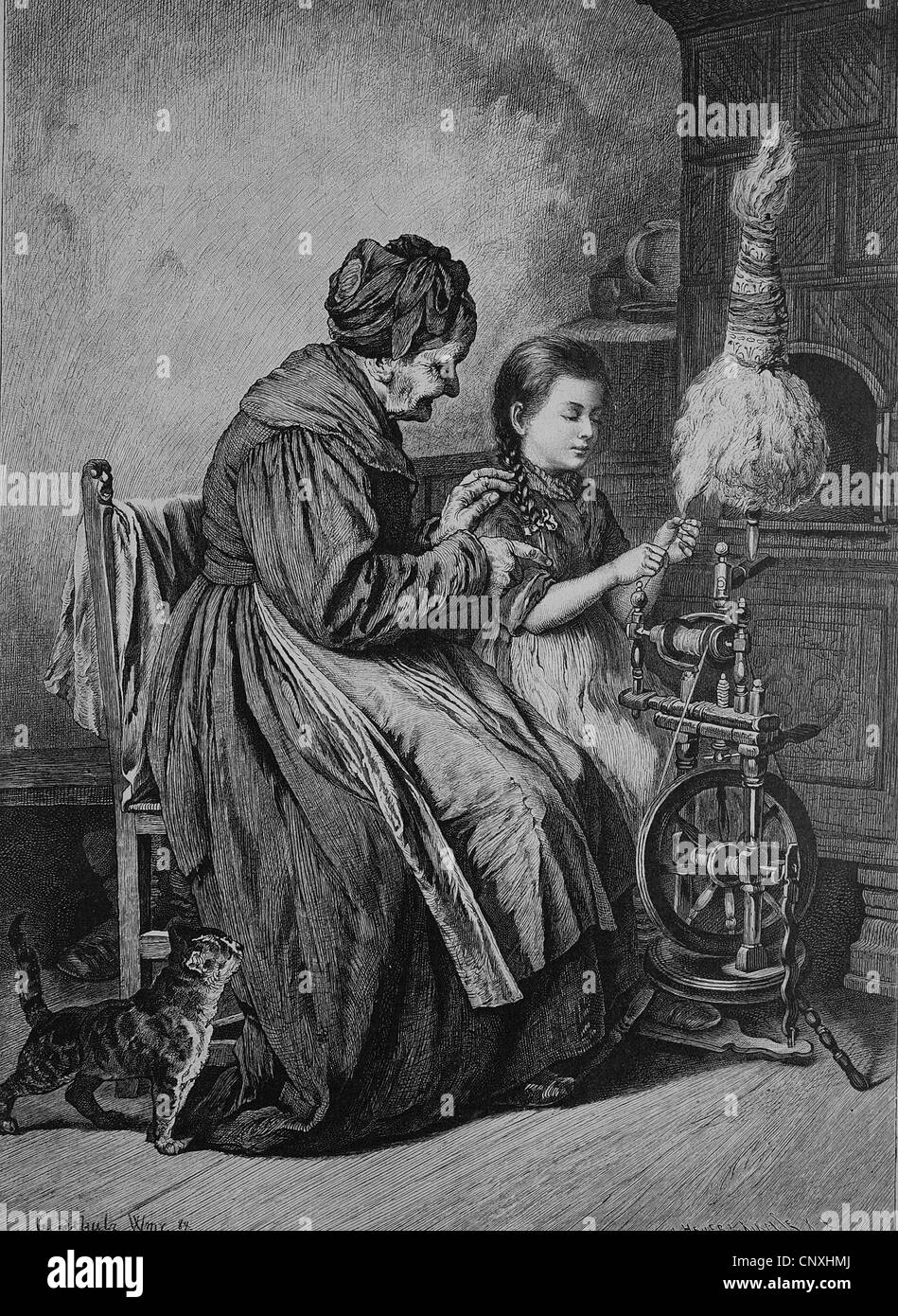 Spinning lessons, historical engraving, 1883 Stock Photo