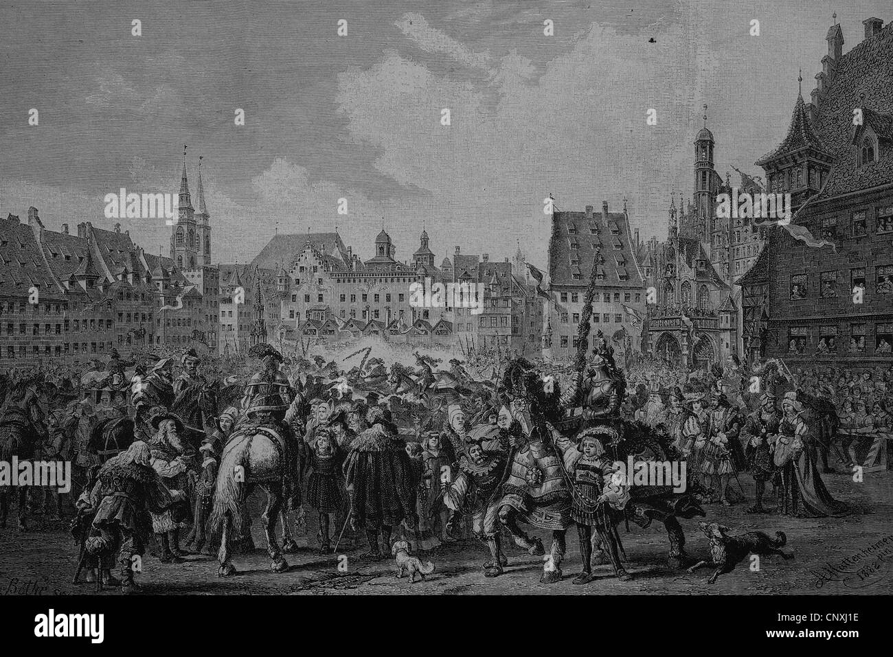 The journeyman's tournament on the marketplace of Nuremberg, 1446, historical engraving, 1883 Stock Photo