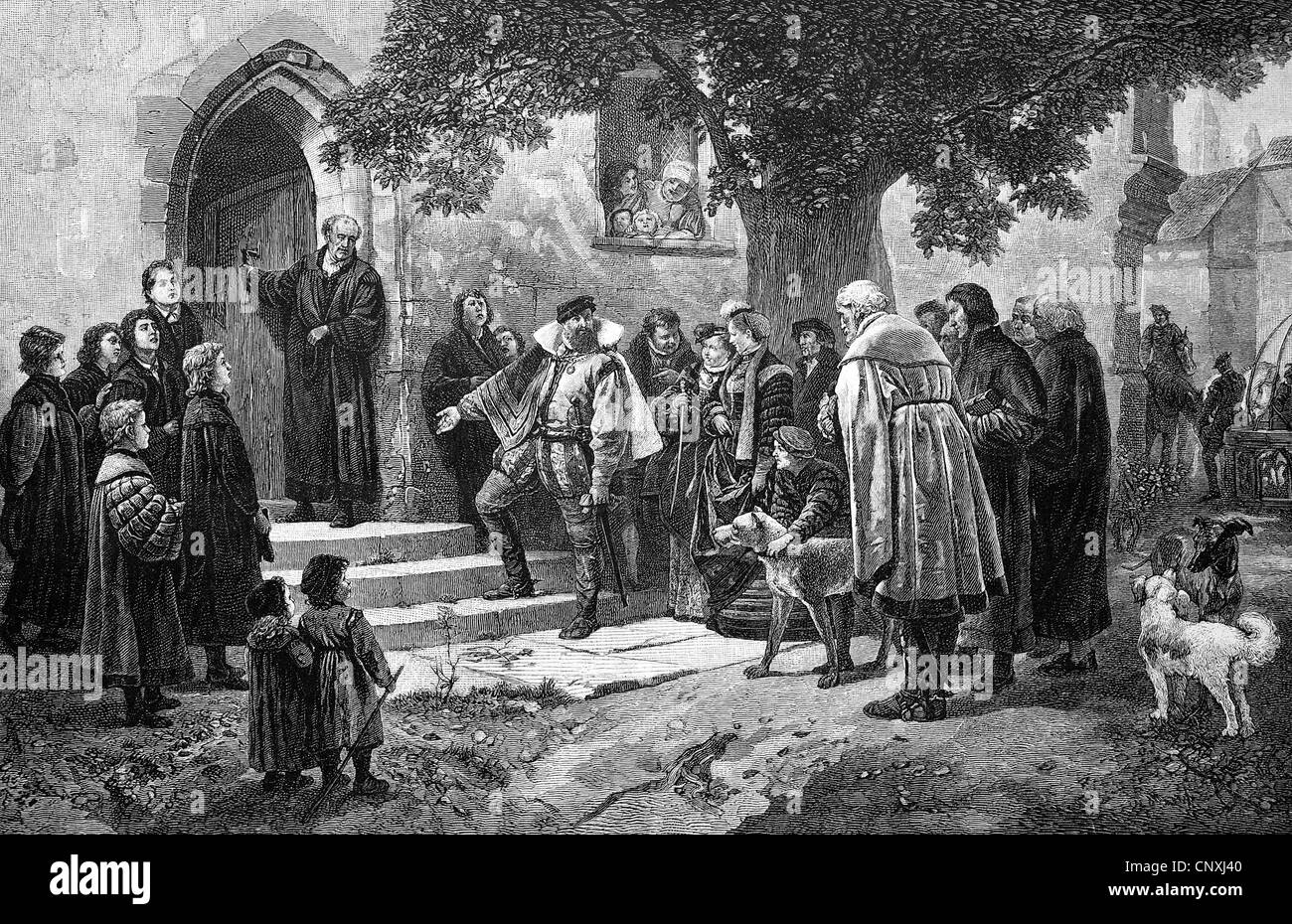 Christoph I von Wuerttemberg visiting a school in a converted monastery, historical engraving, 1883 Stock Photo