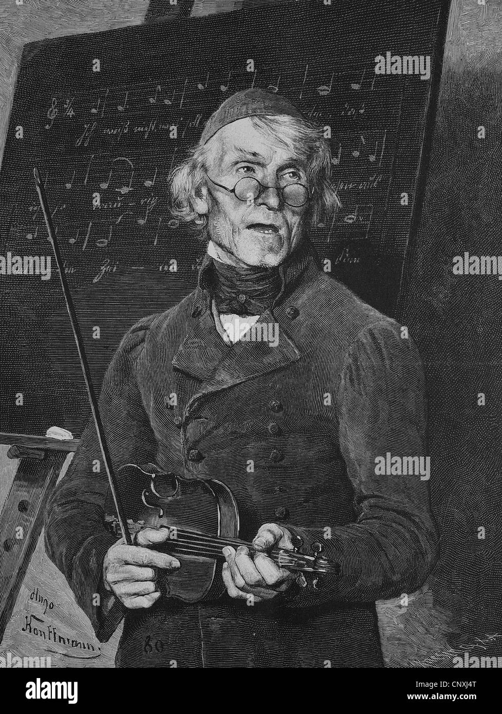 Elderly music teacher holding a violin, historical engraving, 1883 Stock Photo