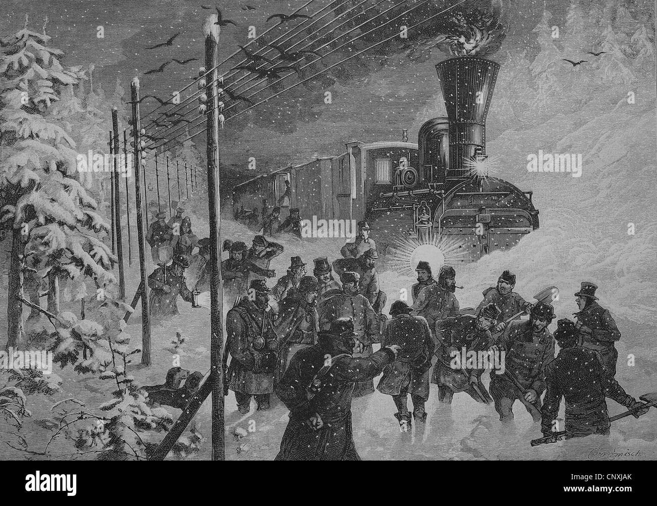Train stuck in snow being shoveled free, historical engraving, 1883 Stock Photo