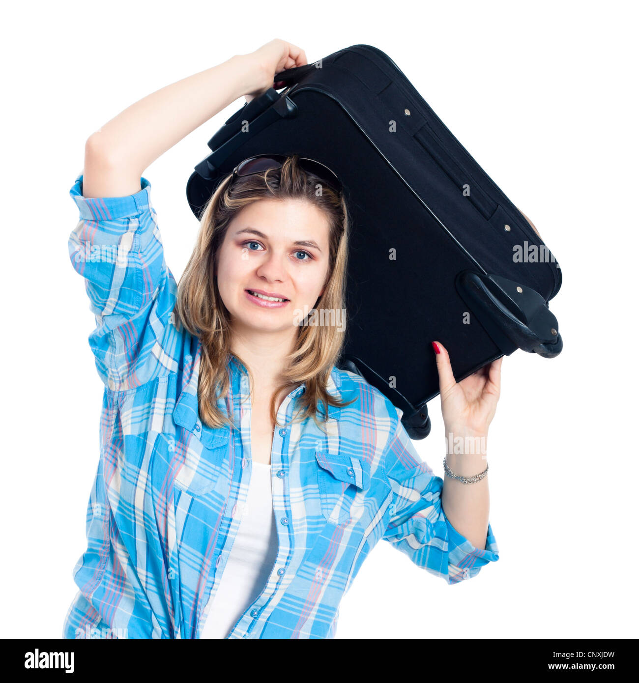Nervous worried traveller woman with luggage, isolated on white background. Stock Photo