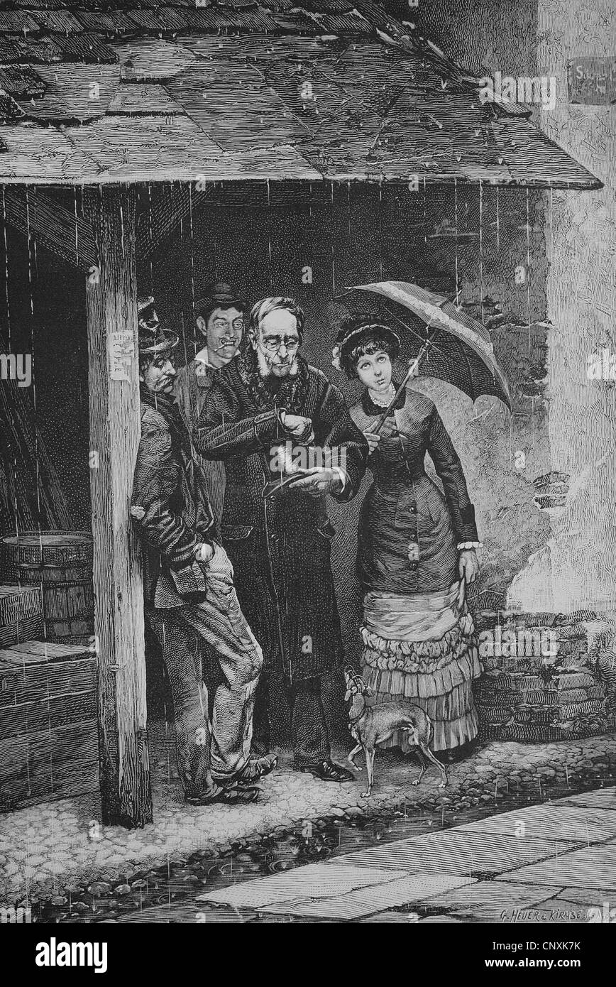 Summer holiday-makers undercover to get out of the rain, historical engraving, 1883 Stock Photo