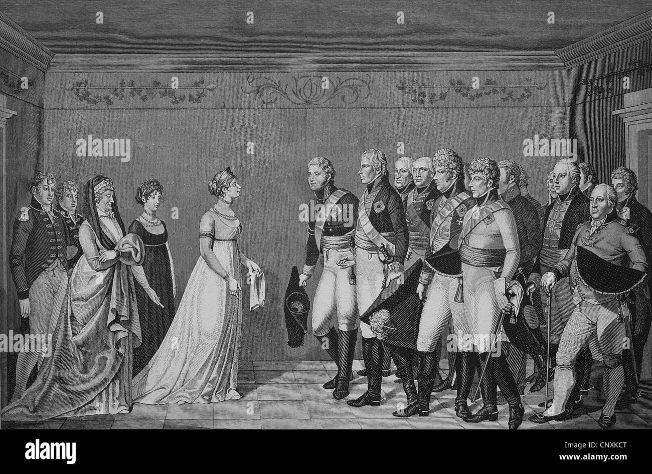 Meeting of Queen Luise with the Emperor Alexander I on 10.11.1802, historical engraving, 1883 Stock Photo