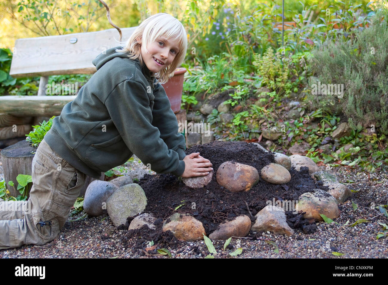 boy building a herb spiral in a garden, Germany Stock Photo