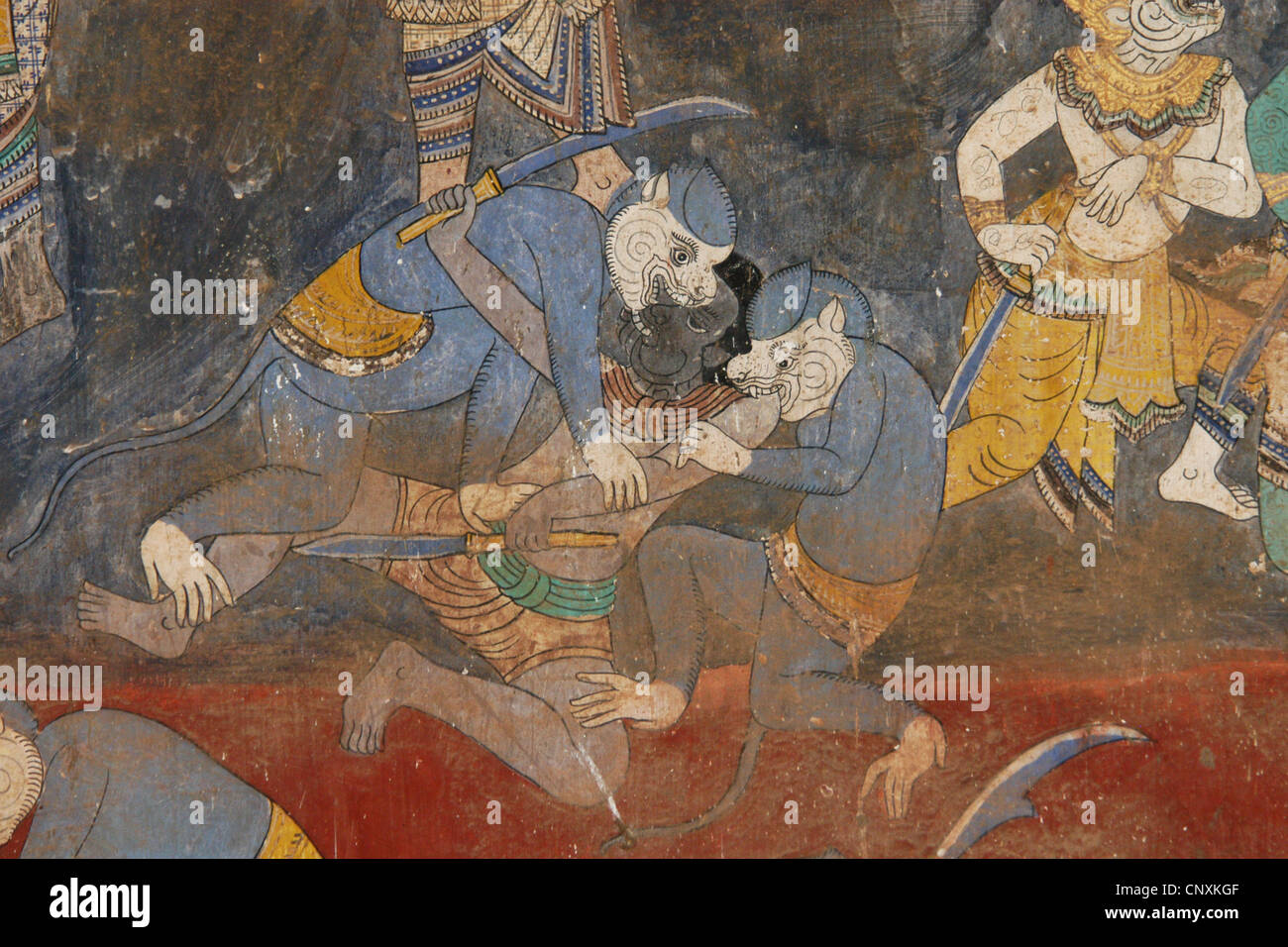 Ramayana. Wall painting with the scenes of the Hindu epic in the Royal Palace in Phnom Penh, Cambodia. Stock Photo