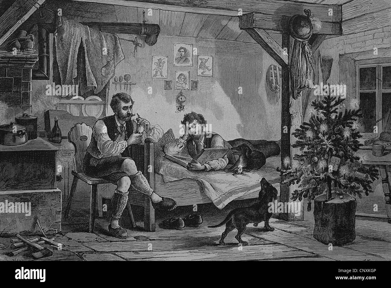 Hunter's Christmas in the mountains, historical engraving, 1883 Stock Photo
