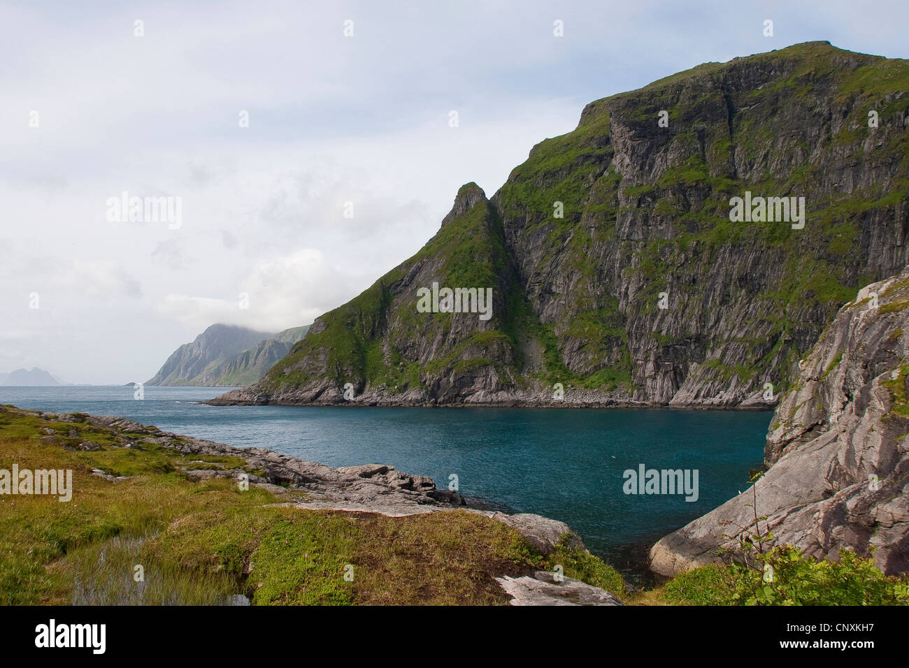 view to coastal rocks and the sea, Norway, Lofoten Islands Stock Photo ...