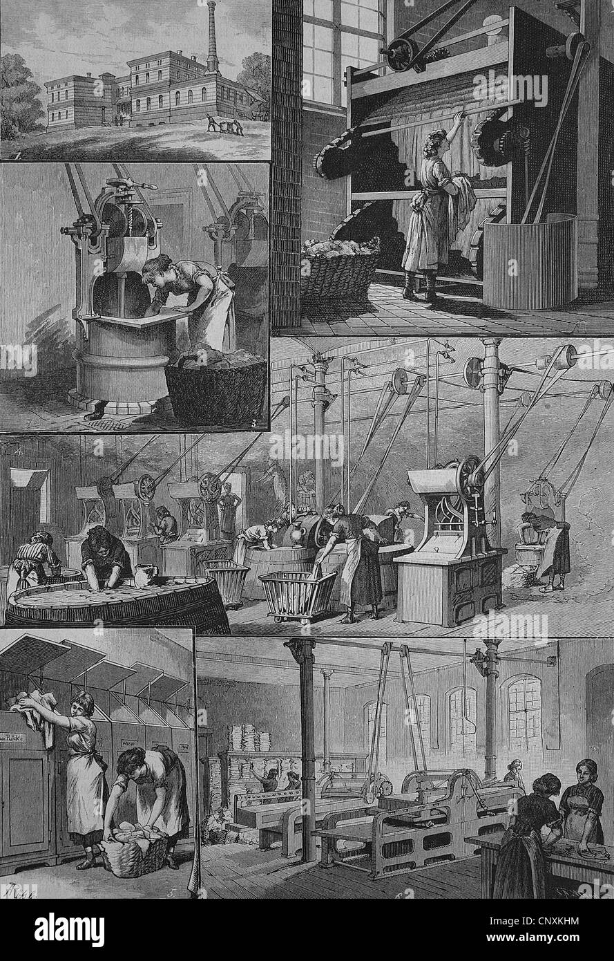 Steam washing laundry of the Berlin Charite hospital, Berlin, Germany, historical engraving, 1883 Stock Photo