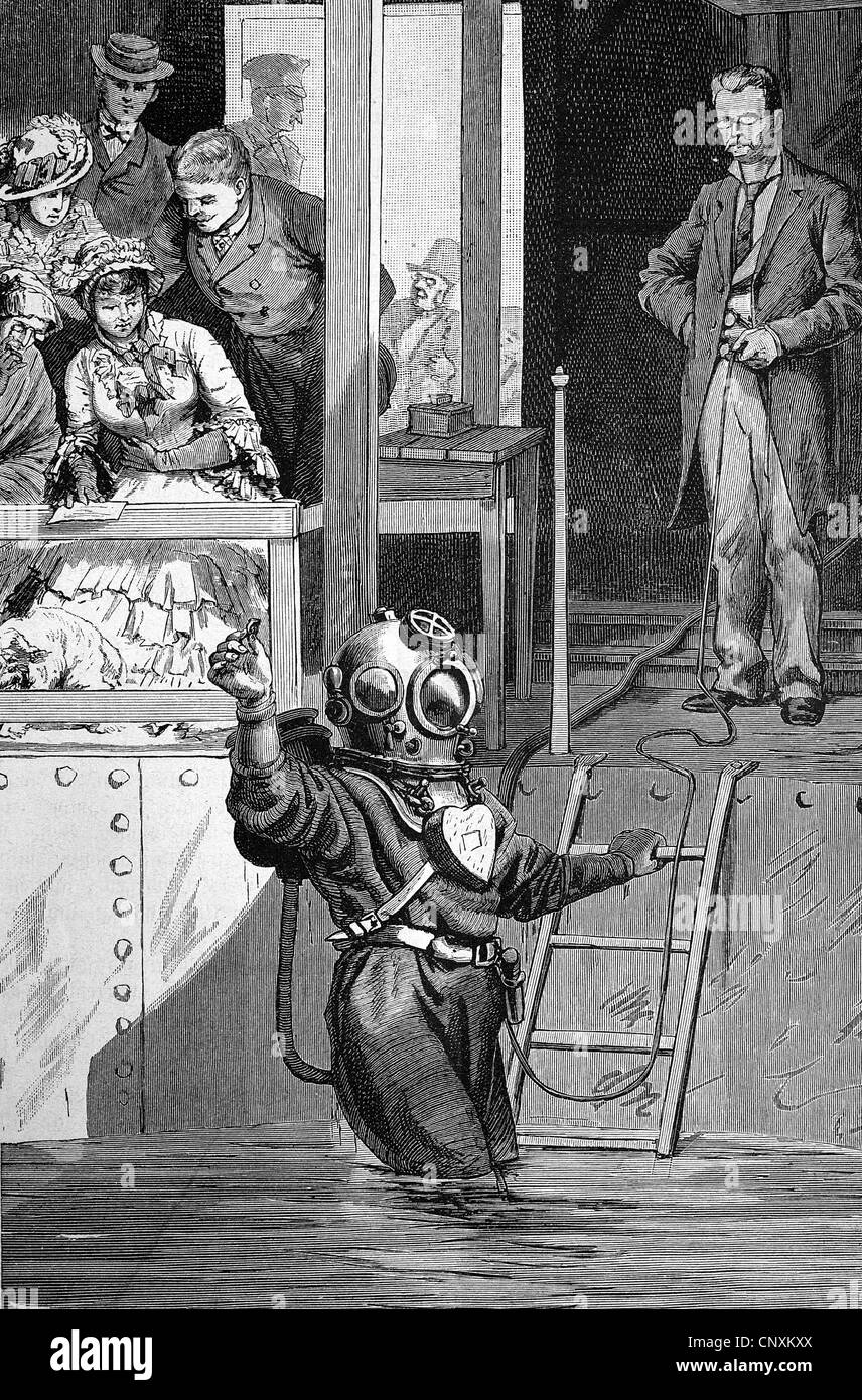 Diving Pavilion at the Hygiene Exhibition in Berlin, Germany, historical engraving, 1883 Stock Photo