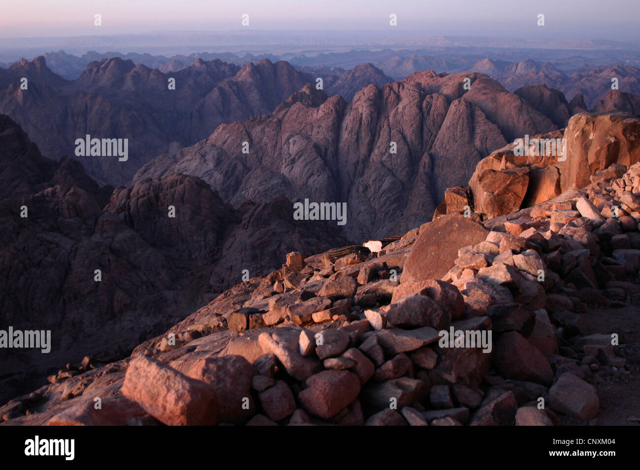 View from the summit of Mount Sinai also known as Jebel Musa (2,285 m) on Sinai Peninsula, Egypt. Stock Photo
