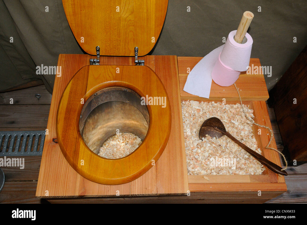 Ecological dry toilet with sawdust compost in lodge tent, Rhodes animal's  park, Moselle, France, Europe Stock Photo - Alamy