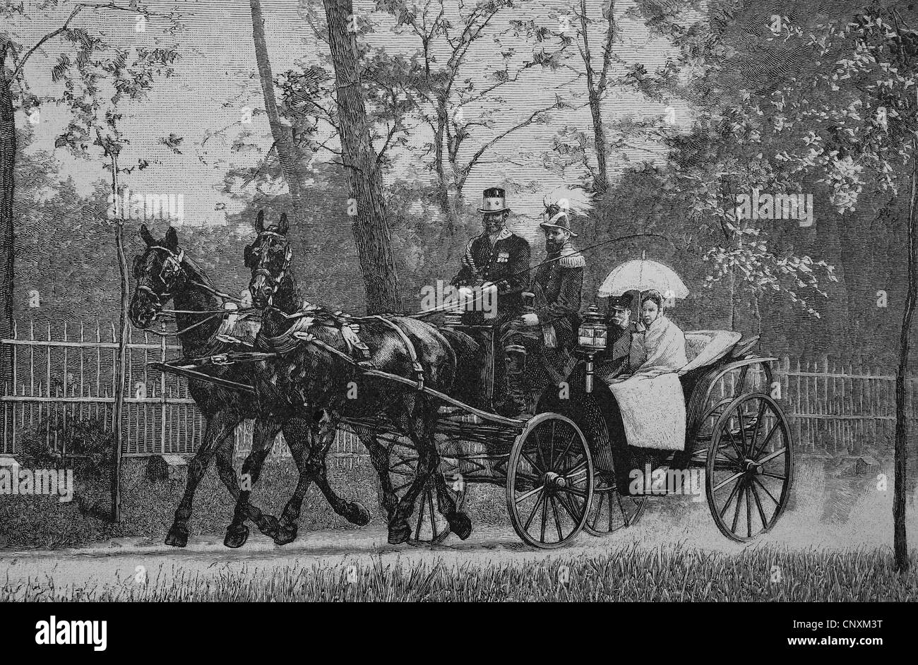 Kaiser Wilhelm and the Grand Duchess of Baden in the park of Babelsberg, Potsdam, Germany, historical engraving, 1883 Stock Photo