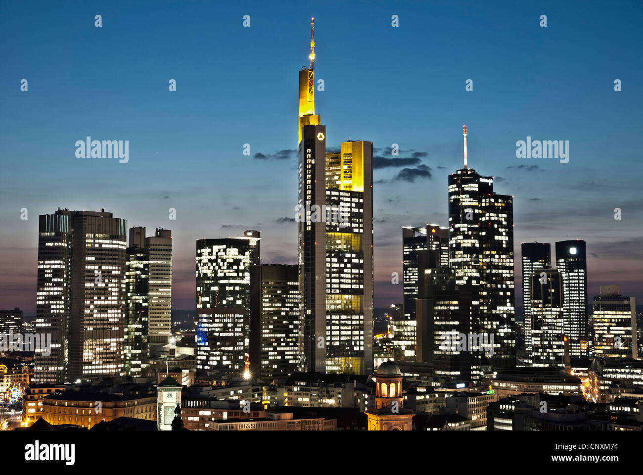 View of the nighttime skyline of Frankfurt, Germany Stock Photo