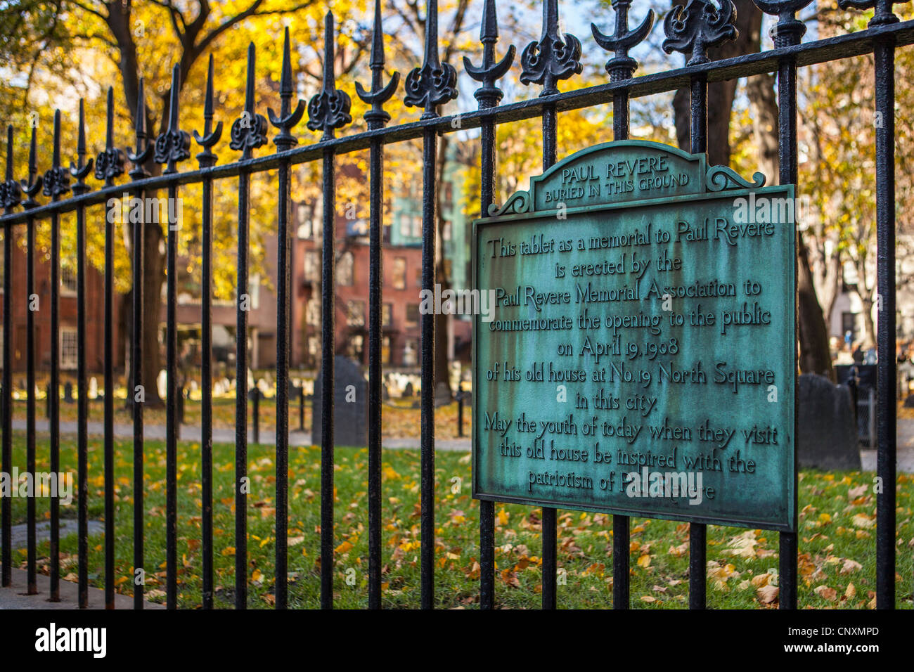 Plaque for Paul Revere on the fence of Granary Burying Ground in Boston Massachusetts Stock Photo