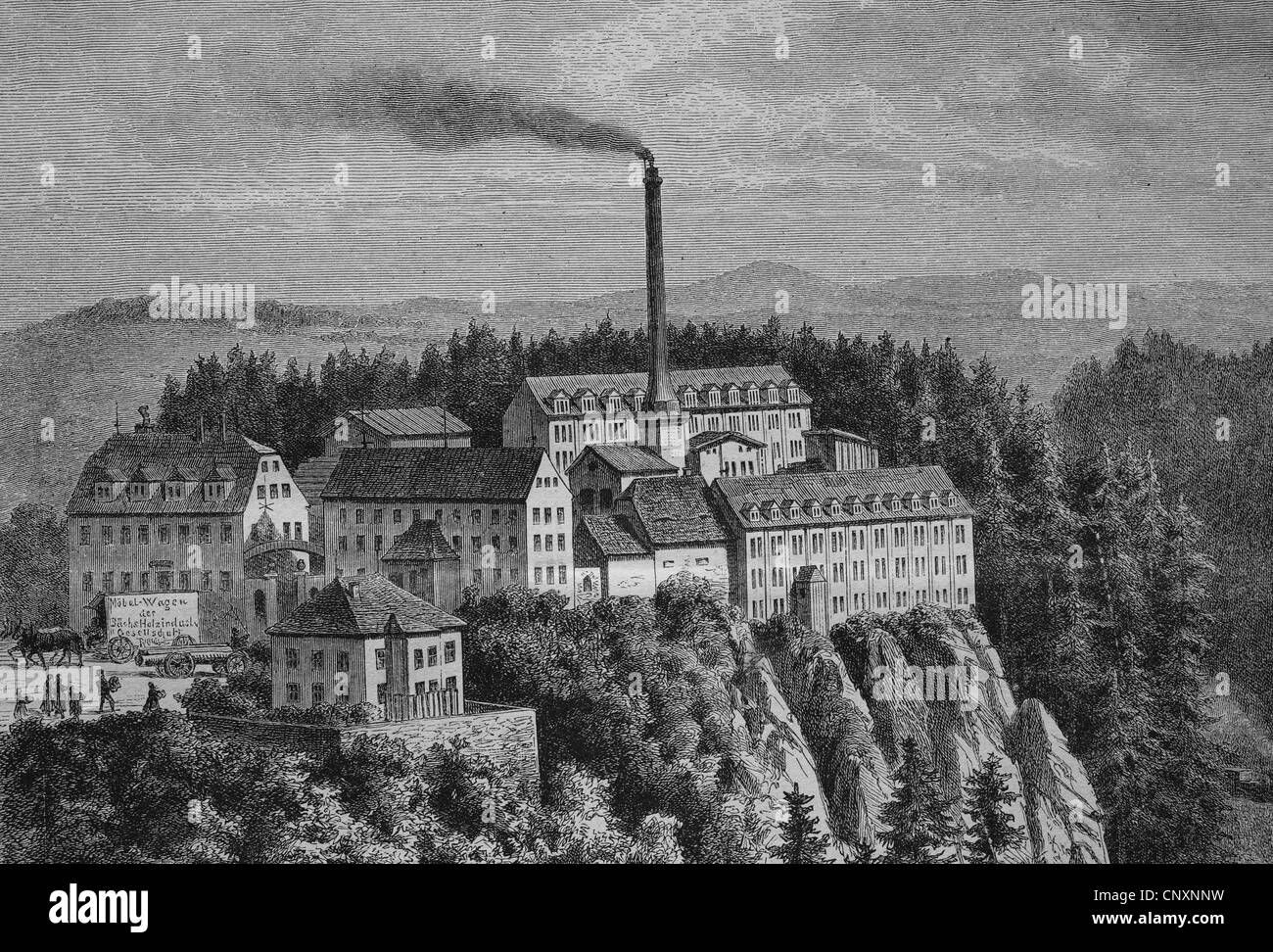 The Rabenauer furniture factory, historical engraving, circa 1885 Stock Photo