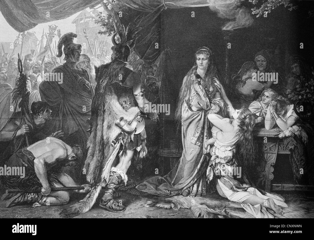 Tusnelda being handed over from her father Segestes to the Roman general Germanicus, circa 17 AD, a daughter of the Cheruscan pr Stock Photo
