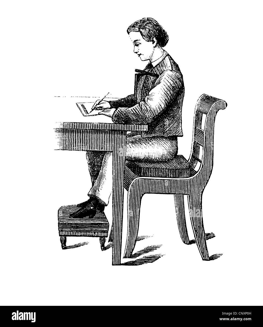 Schreber'sche Geradehalter, a support for sitting straight while writing, school desk with assisted seating, historical engravin Stock Photo