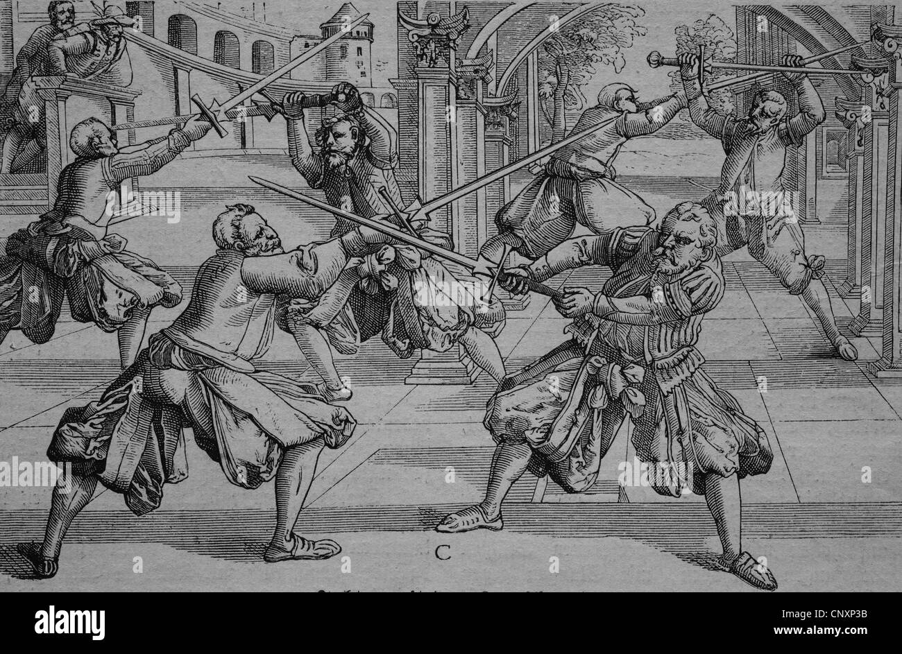 Fencing training with the sword of state, 1570, historical engraving, circa 1885 Stock Photo